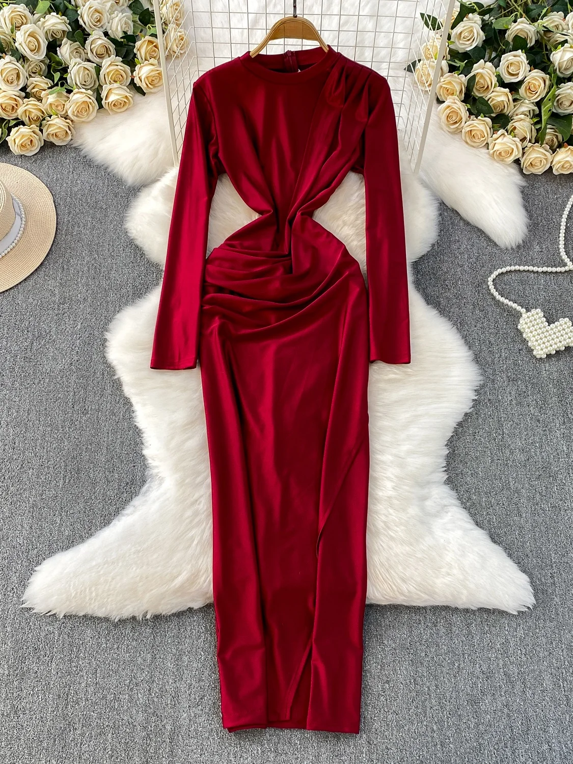 

Женская длинная юбка Hebe Sle Bla Ele с круглым вырезом и длинными рукавами, осенняя новинка, с драпировкой на талии, облегающая, в стиле офисной моды