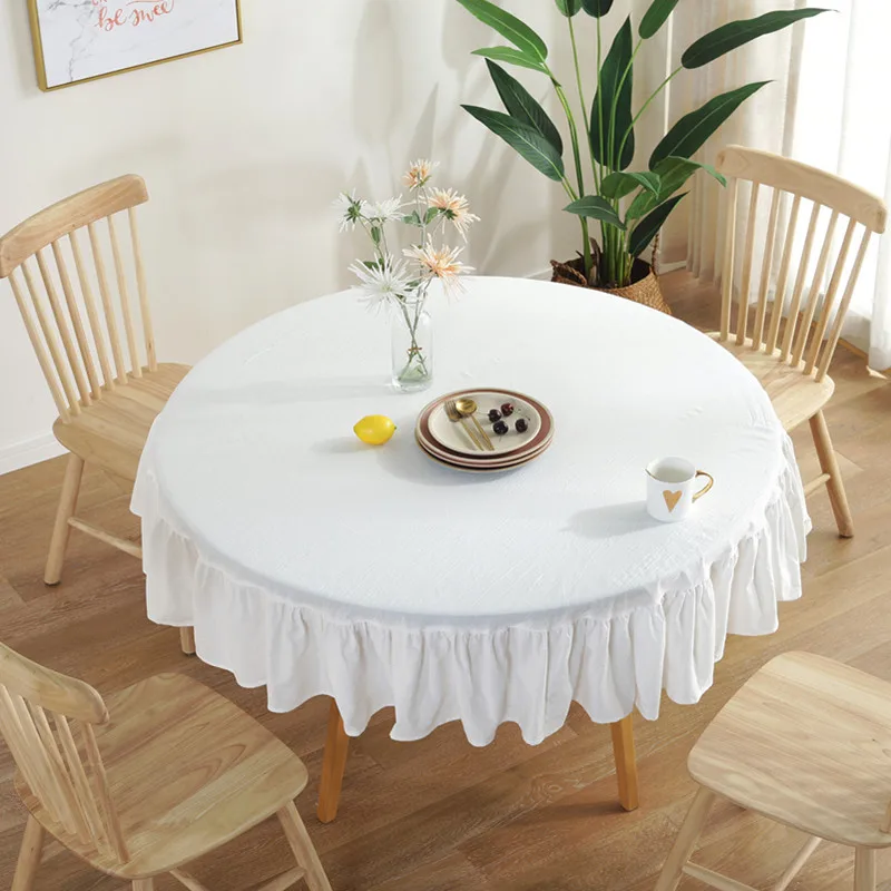 

Ruffle Round Tablecloth Cotton Flounces Trim Washable Table Cover for Holiday Dinner Party Banquet Kitchen Wedding Decoration