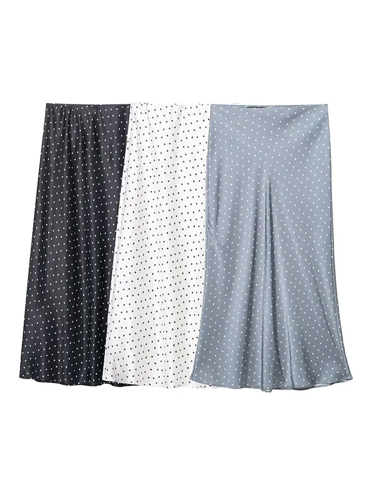 HH Women Trendy Polka Dot Satin Midi Skirt High Waist Elastic Waist Flowy Long Skirt Casual Elegant Summer Skirts For Women