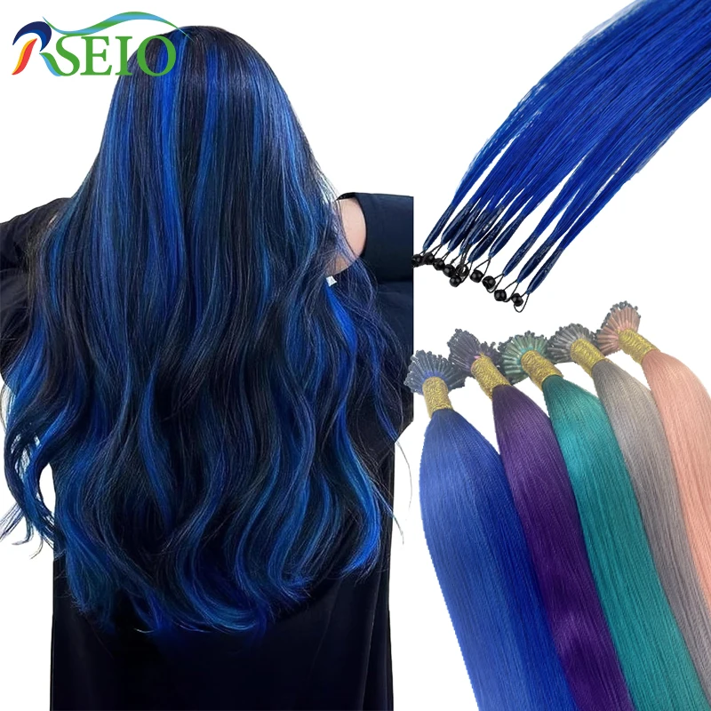 RESIO-extensiones de cabello de Punta 8D, cabello humano 100% Real, microcuentas, Color púrpura, azul, rosa, gris, 18-20 pulgadas, 0,5g/hebra