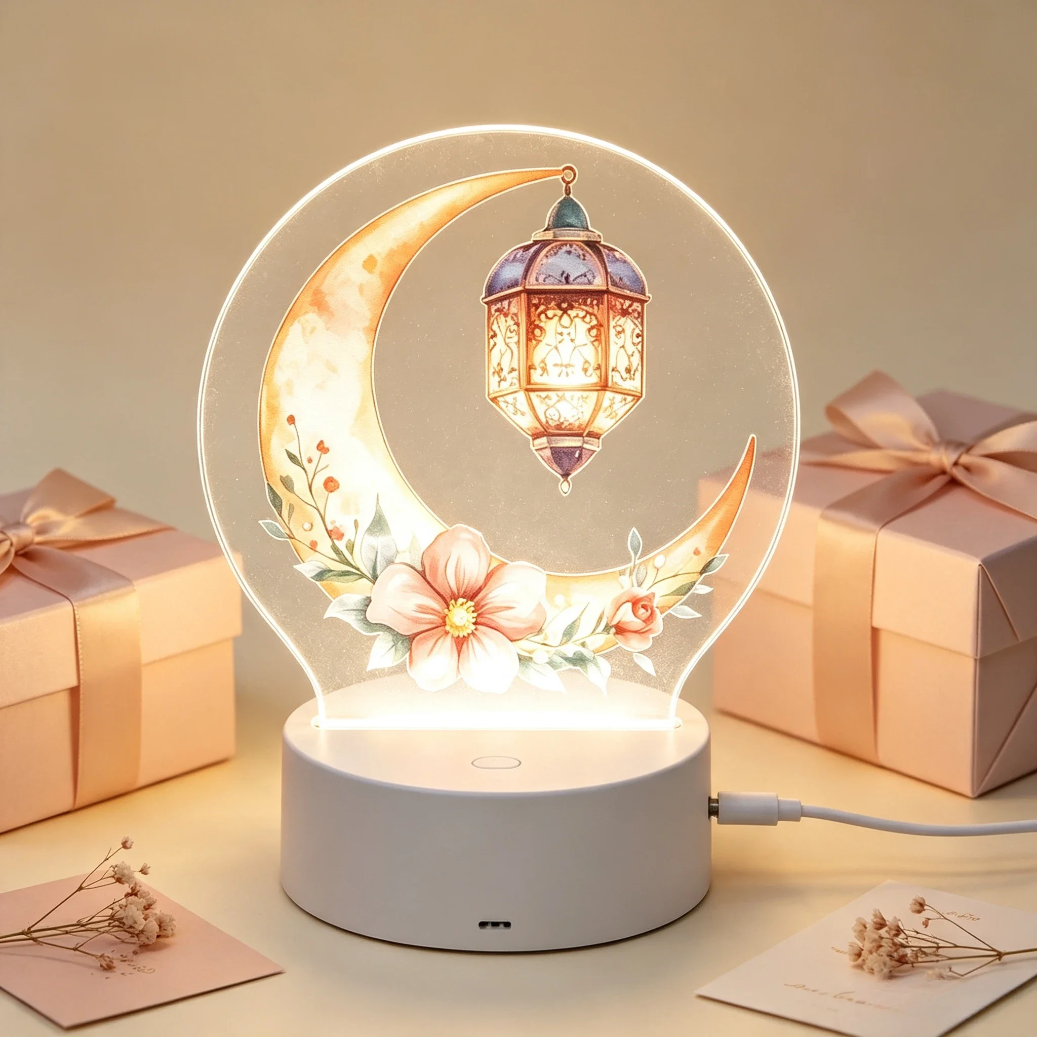 Watercolor Crescent Vintage Lantern Acrylic Night Light Ramadan Decor suitable for Islamic decorations and carnival festive table decorations.