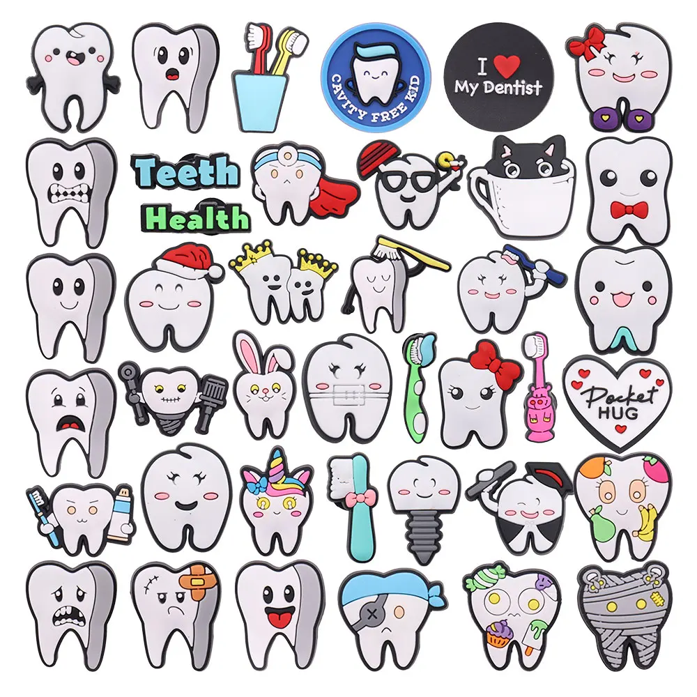 Mix 50pcs PVC Shoe Charms Cavity Free Kid Teeth Health Pocket Hug Toothbrush Candy Toothpaste Garden Shoes Button Decorations