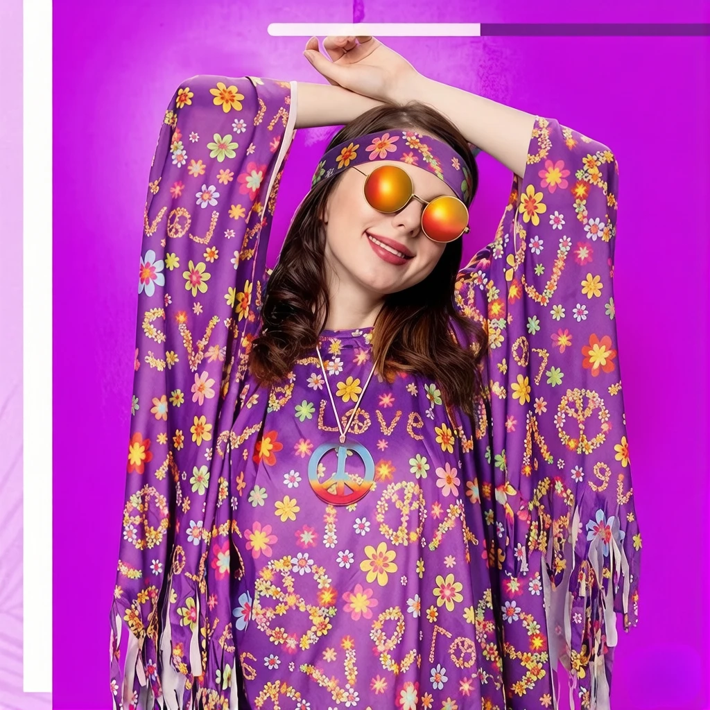 5Pcs Retro Bohemian Hippie Set, fresh purple style, casual cape design, perfect for summer beach, party and cosplay wear