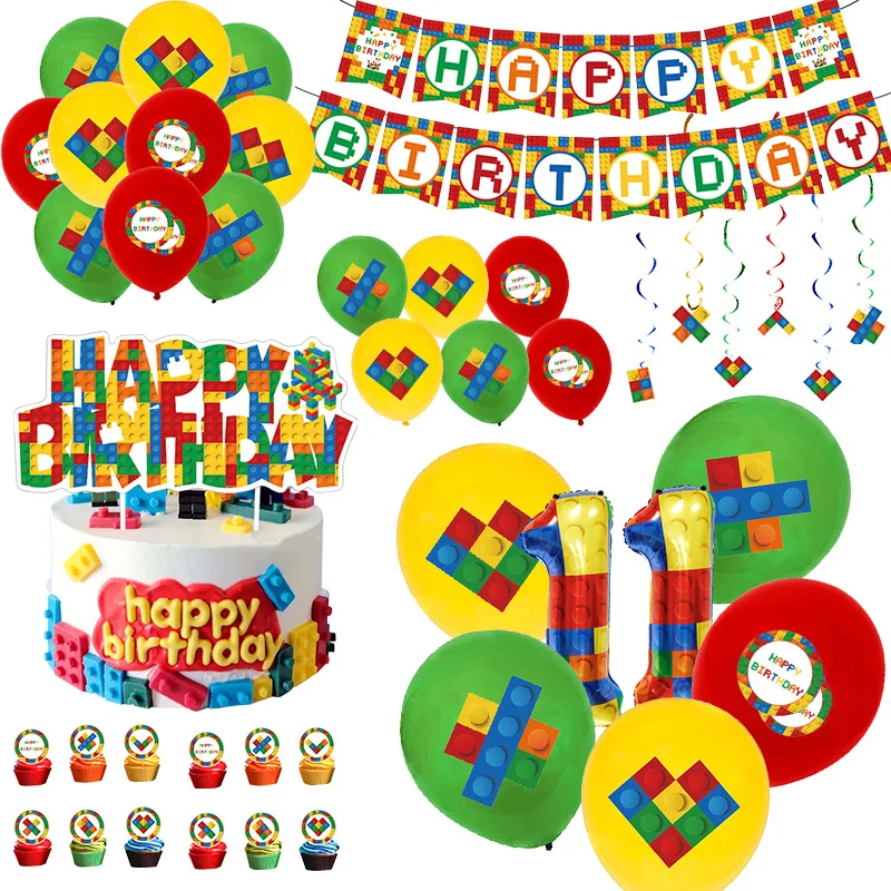 New Building Blocks Birthday Party Decoration Tableware Balloons Plate Cup Napkins Backdrop Set Kid Birthday Theme Deco Supplies