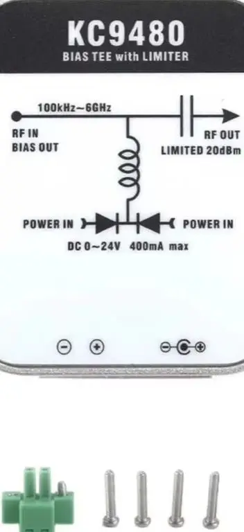KC9480 DC Bias Tee 1 MHz–6 GHz Frequency Range; Features Signal Limiting And DC Blocking Capabilities 5.5/2.5 Mm DC Power Jack