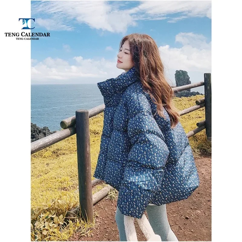 Floral short down jacket, short Korean style white duck down thick bread jacket trendy for women in winter 2025