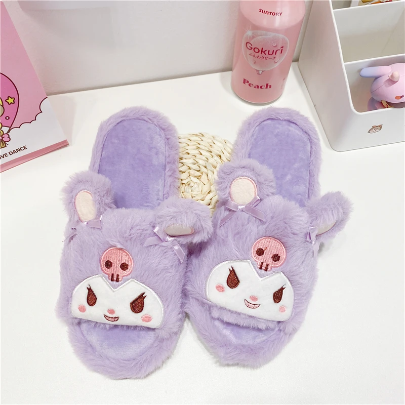 Kuromi My Melody Kawaii Girly Slipper Japanese Anime Cute Plush Warm Shoes Home Indoor Girl Ladies Casual Open Toe Flat Non-slip