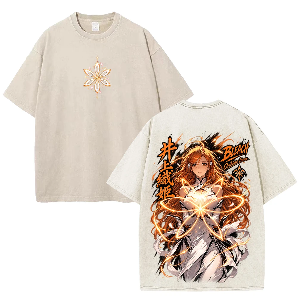 Anime Bleach Retro T Shirts Orihime Inoue Vintage Washed Streetwears Men Women Clothing Short Sleeve High Quality T-shirts Tops