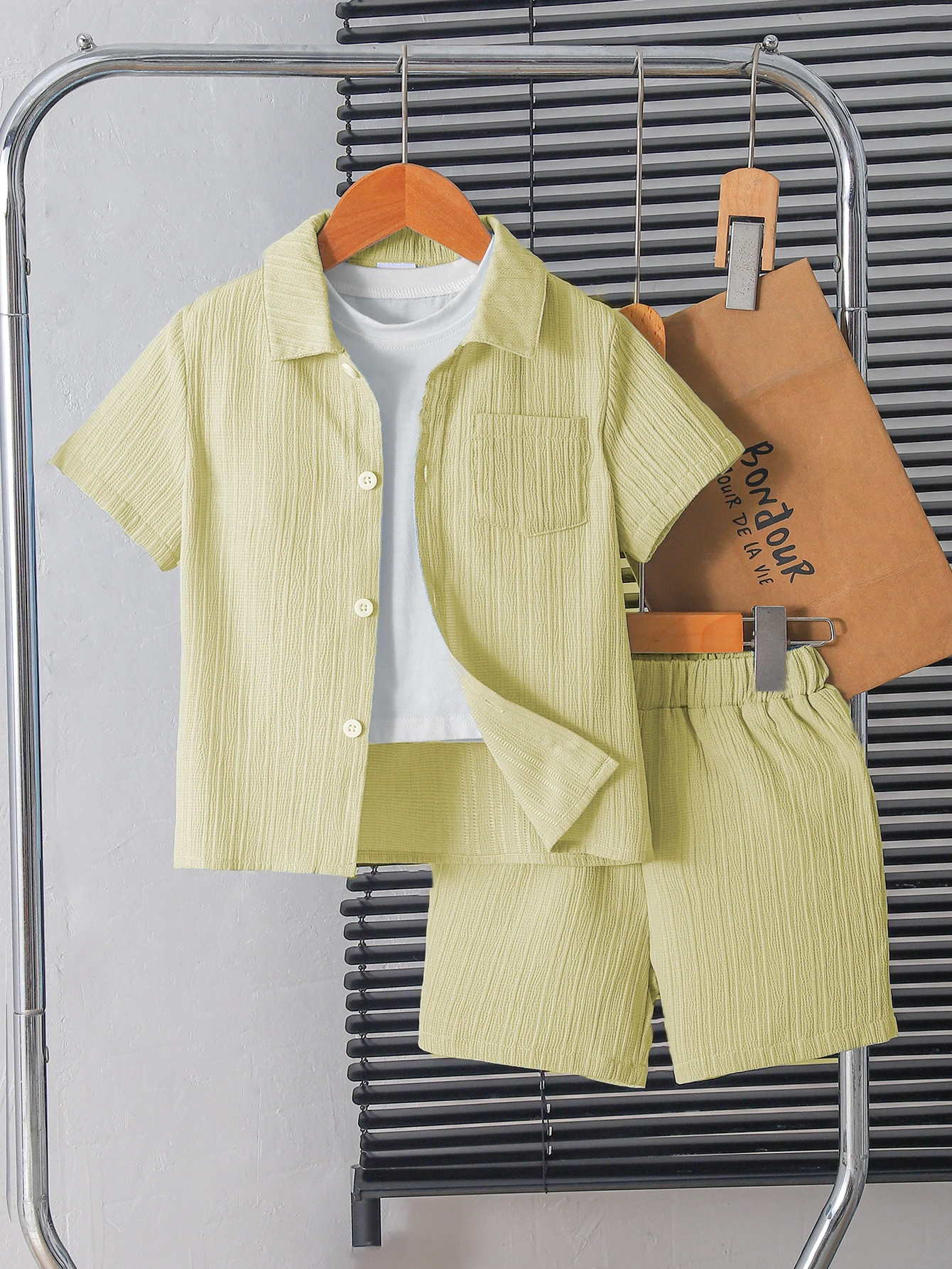 Boys' Light Yellow Two-Piece Summer Set with Pleated Texture Shirt And Shorts for Kids