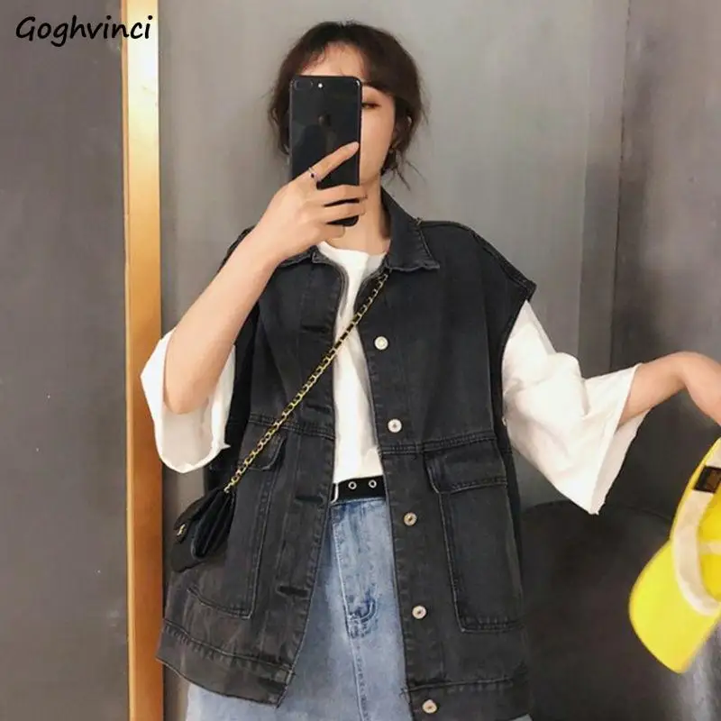 

Denim Cargo Vests Women Sleeveless Outwear Student Vintage Waistcoats Korean Fashion Teens Hip Hop Big Pockets Streetwear Casual