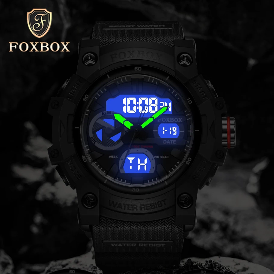 FOXBOX Sports Military Men Quartz Watches 50M Waterproof Dual Display Wristwatch Male Clock Lume Hand Chronograph reloj hombre