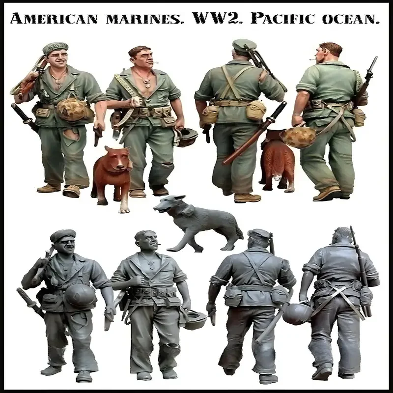 1/35 WWII Marines with Dog Resin Model (2 Figures), Military Theme, Unassembled and Unpainted, In Stock