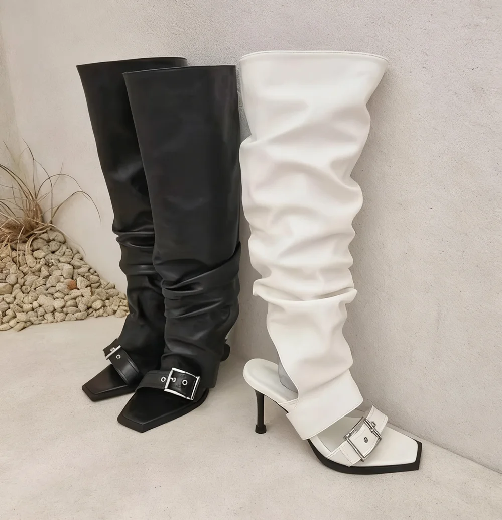 

Black Square-Toe Knee-High Buckle-Strap Sandals Long Boot Silhouette and Open-Toe Sandal Design Silver Buckle Details Long Boots