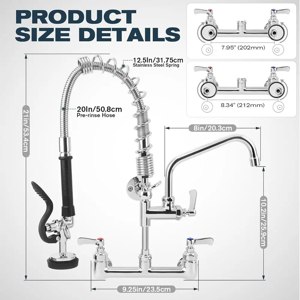 21 Wall-Mounted Commercial Sink Faucet with Pre-Rinse Sprayer, Adjustable Centers, and Pull-Down Spray