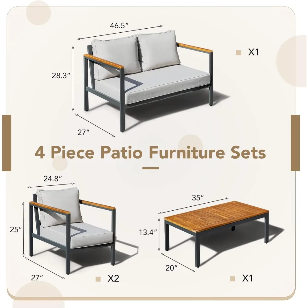 4 조각 파티오 가구 세트 야외 대화 세트 아카시아 나무 소파 세트 커피 테이블 두꺼운 스폰지 쿠션