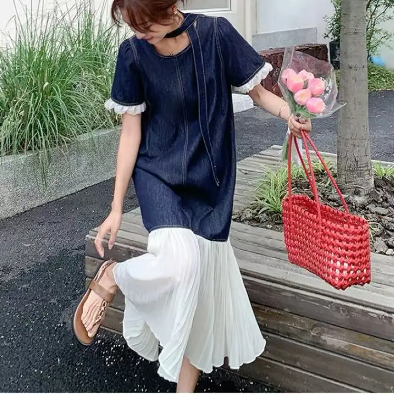 French Chic Patchwork Denim Dresses for 2026 Summer New Mermaid Lady Vestidos Elegant Jeans Female Robe Clothes KE581