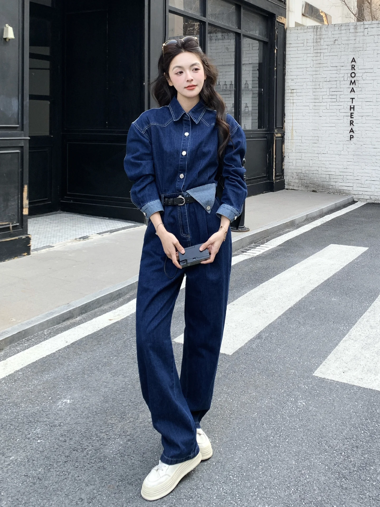 

Ele High Waist Denim Jumpsuit Women's Spring Autumn New Sle Street Faion Long One-Piece Suit Casual Pure Color Polyes...