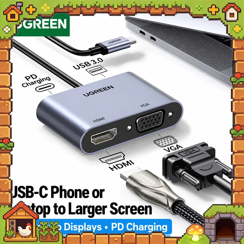 UGREEN CM162 50505 4-in-1 USB-C Hub, 4K 30Hz HDMI, 1080P 60Hz VGA, USB 3.0, 100W PD Charging Adapter
