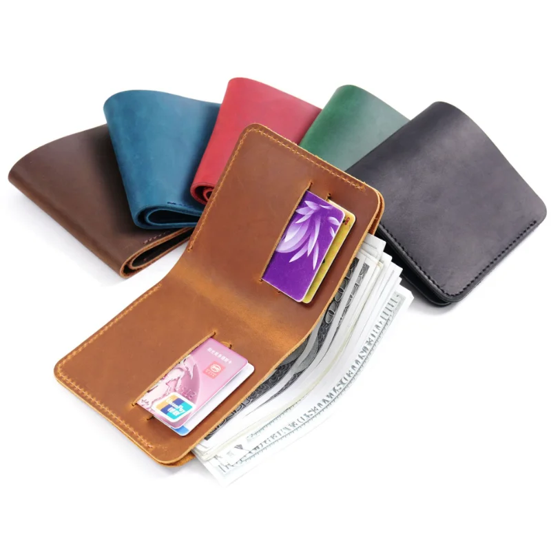 

AIGUONIU High Quality Custom Logo Crazy Horse Leather Short Wallet Vintage Open Money Clip Purse for Unisex