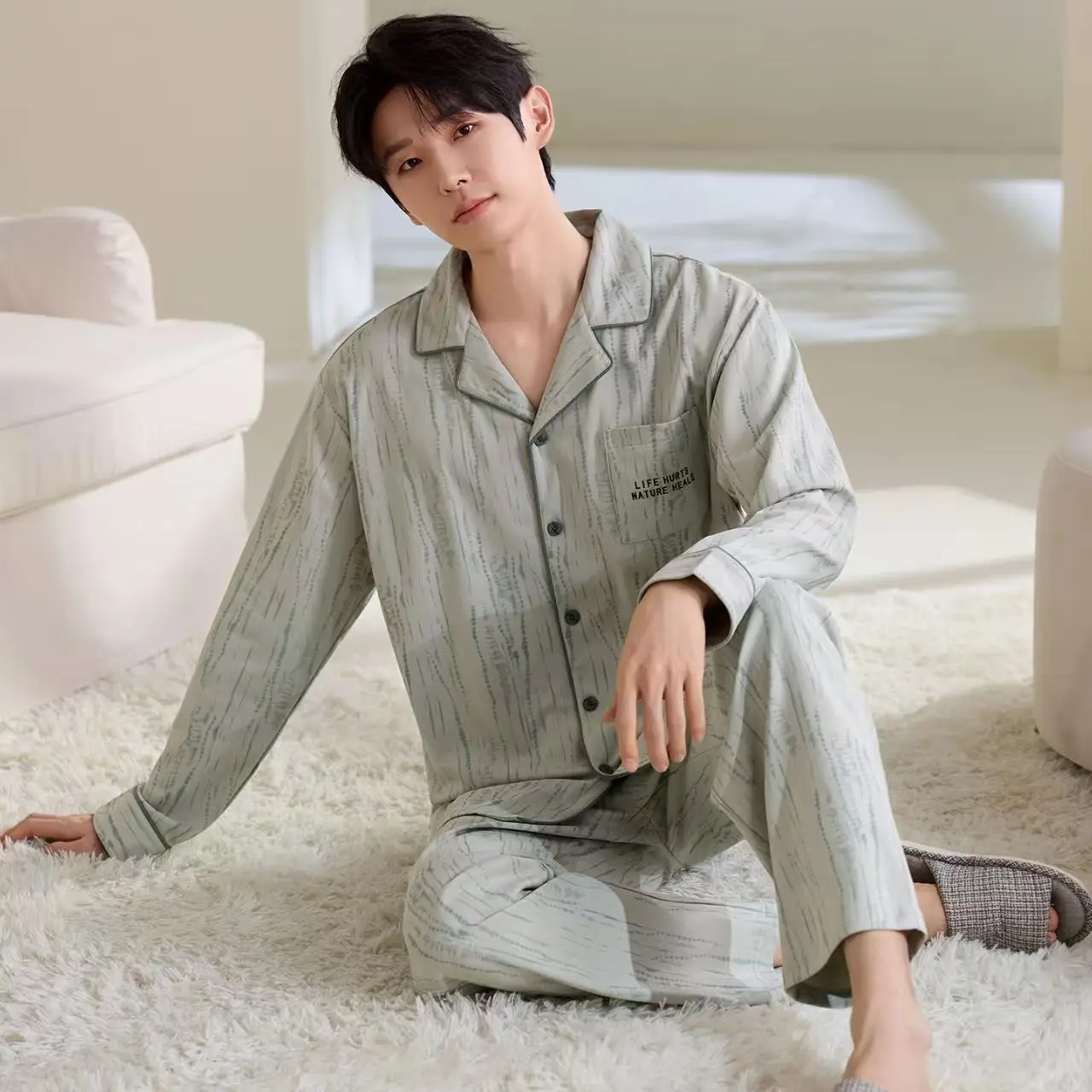 

2025 New Men's Pajamas Casual Spring and Autumn Long-Sleeved Casual Outerwear Suitable for Wearing Outside High-End Plus Size Cardigan Loungewear Set