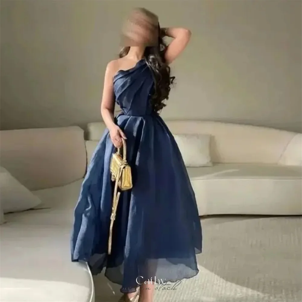 

Cathy Navy Blue Organza Wedding Dresses Elegant Sleeveless One Shoulder vestidos de noche Ankle-length Formal Evening 2024