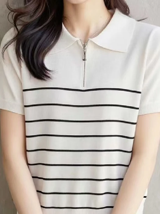 Korean Style  Neck Half Zip Short Sleeve Knitted Sweater Women's Summer New Versatile Preppy Trendy Top Commute Style Sli...