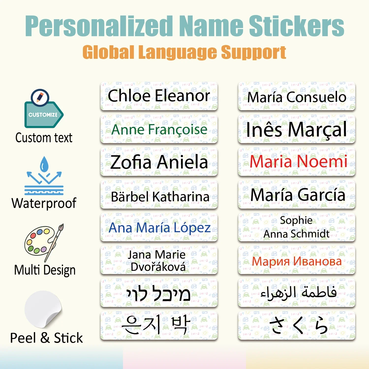 

Персонализированные именные этикетки, водонепроницаемые наклейки, наклейки-бирки для детей, учителей, родителей, школы, детского сада, лагеря, ручная роспись, узоры.