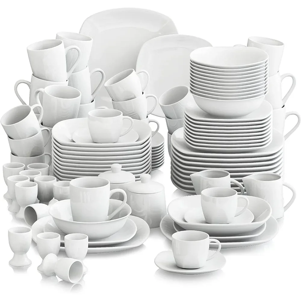 

100-Piece Grey White Dish Set for 12, Square Dinner Set with Plates and Bowls,Cups and Saucers, Egg Cups, Sugar Pot and Milk Jar