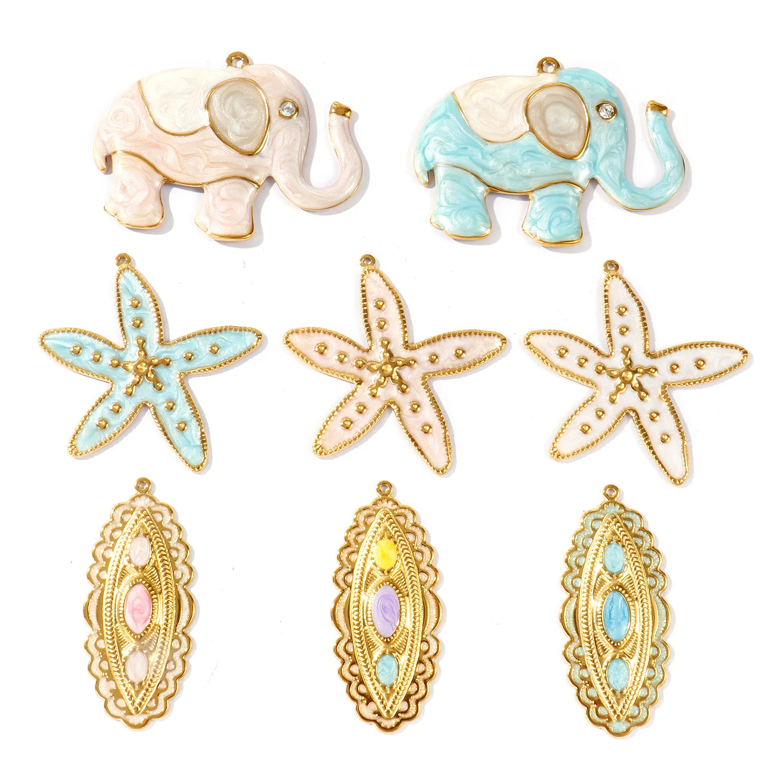 1 Piece 304 Stainless Steel Charms Flower Elephant 18K Gold Plated Enamel Pearlized Pendants For DIY Necklace Jewelry Making