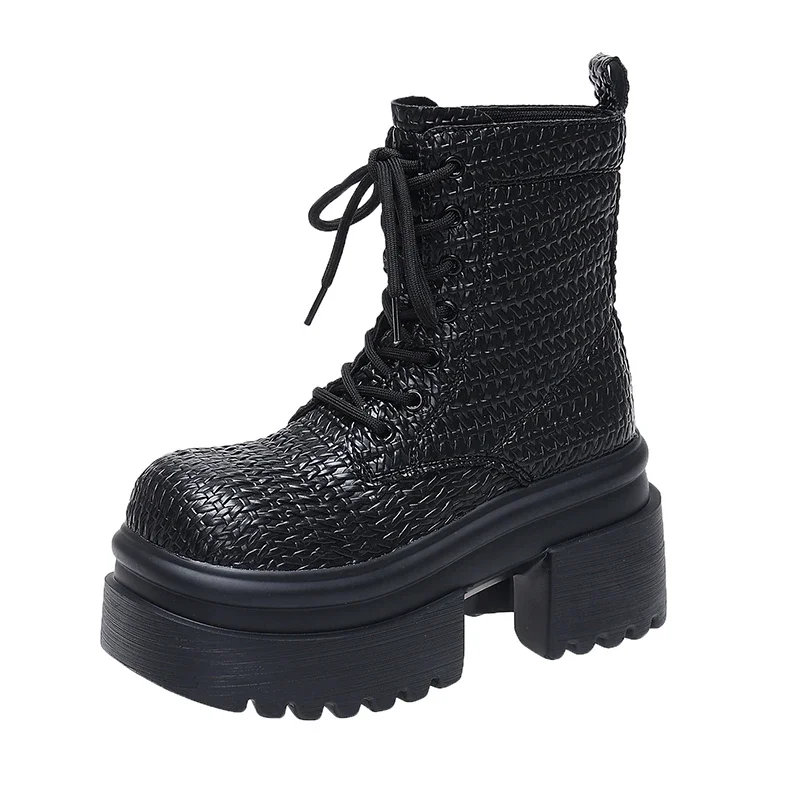 

9CM Women's Chunky Ankle Boots New Autumn Winter Weave Leather Punk Shoes High Platform Casual Leather Short Boots Botas Mujer