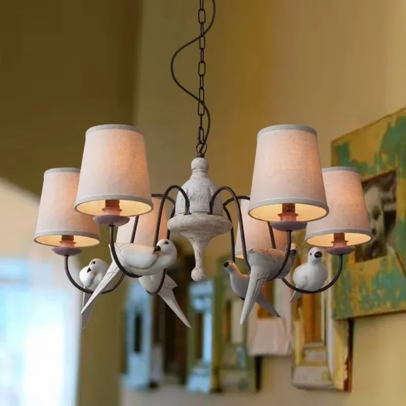 Designer lights, creative American country retro living room dining room lamps cafe three birds six chandeliers view 5