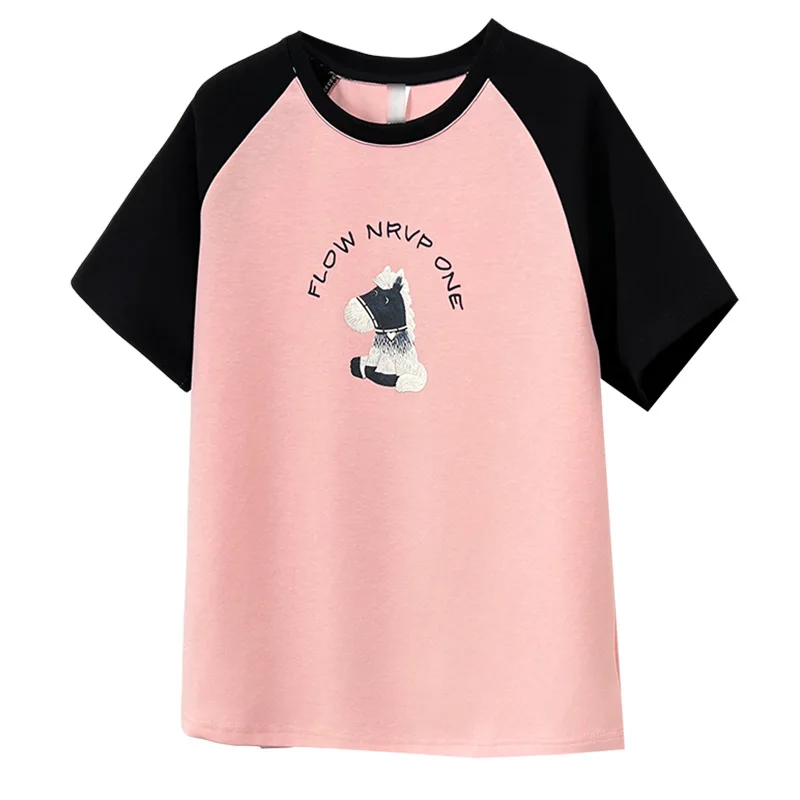 

Летняя женская футболка больших размеров 2026 года, модная, с цветными блоками, круглым вырезом, коротким рукавом, повседневный пуловер для пышных дам, модель 2606