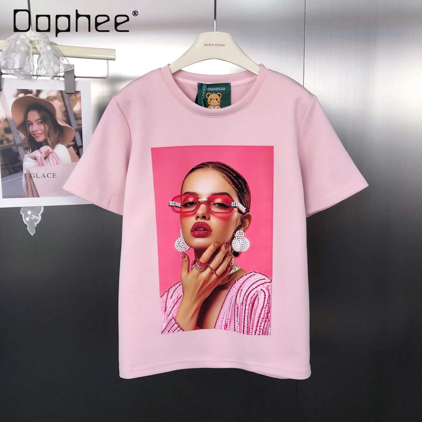 

American Retro Fashion Character Rhinestone Print Cotton Versatile Trendy Pullover Short Sleeve T-Shirt for Women