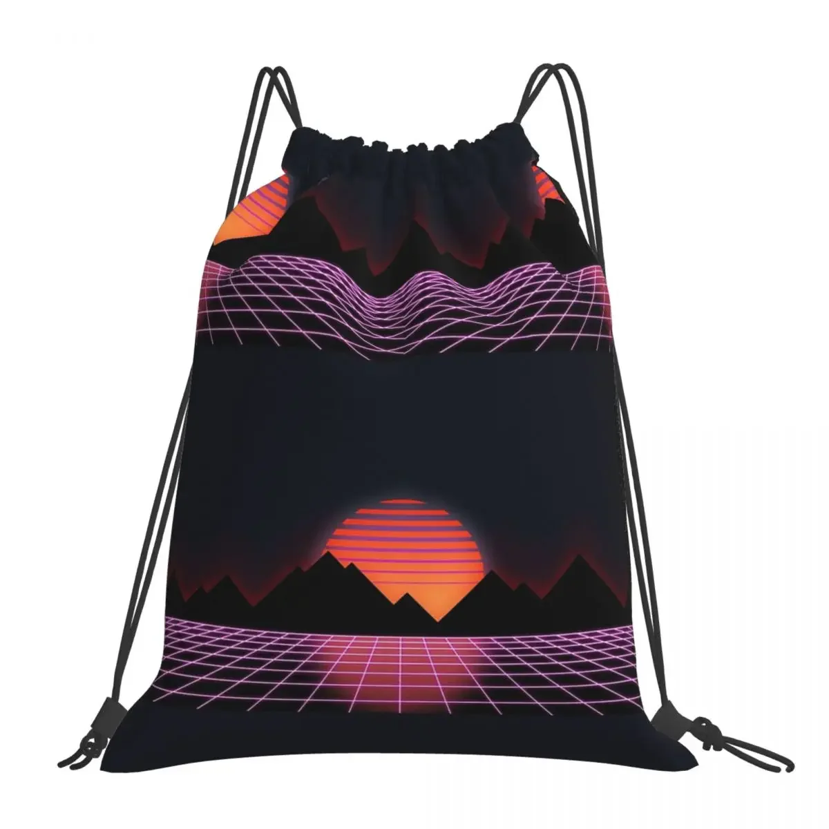 

80s Retro Grid & Rising Sun - "Event Horizon" Backpacks Drawstring Bags Drawstring Bundle Pocket Sports Bag BookBag