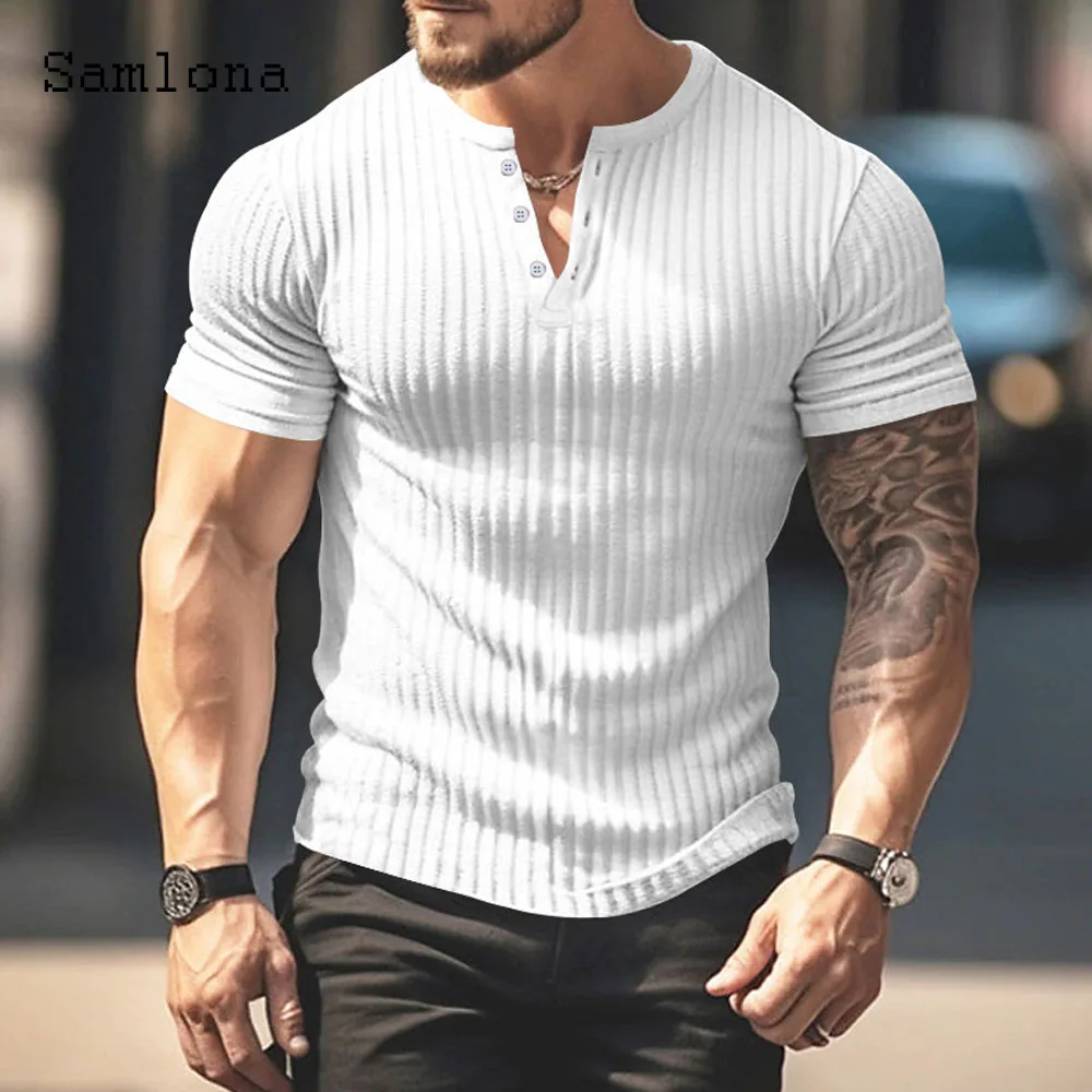 2024 Europe Style Knitting T-shirt Men Vintage Skinny Basic Top Men's Henry Collar Pullovers Short Sleeve Button Fly Tees Shirt