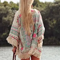 Women Shirts Summer Holiday Boho Floral Print Thin See Through Tassel Half Sleeve Cardigan Beachwear Cape Shirts Woman Tops