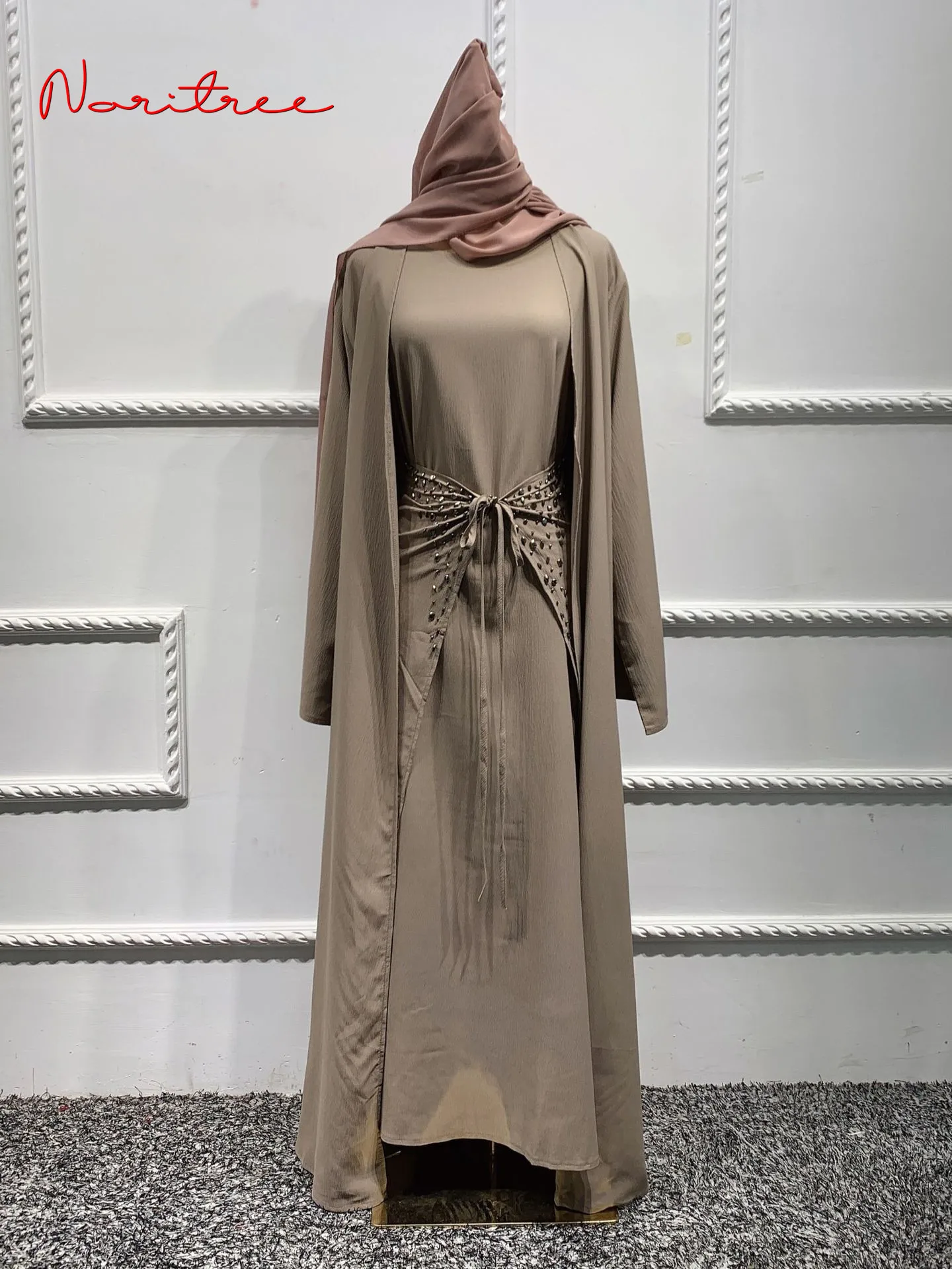 Diamond Silky Djellaba Muslim Dress 3 Pieces Muslim Suits Elegant Long Islamic Abayas Women Modest Wear Clothing EID Sets WY442