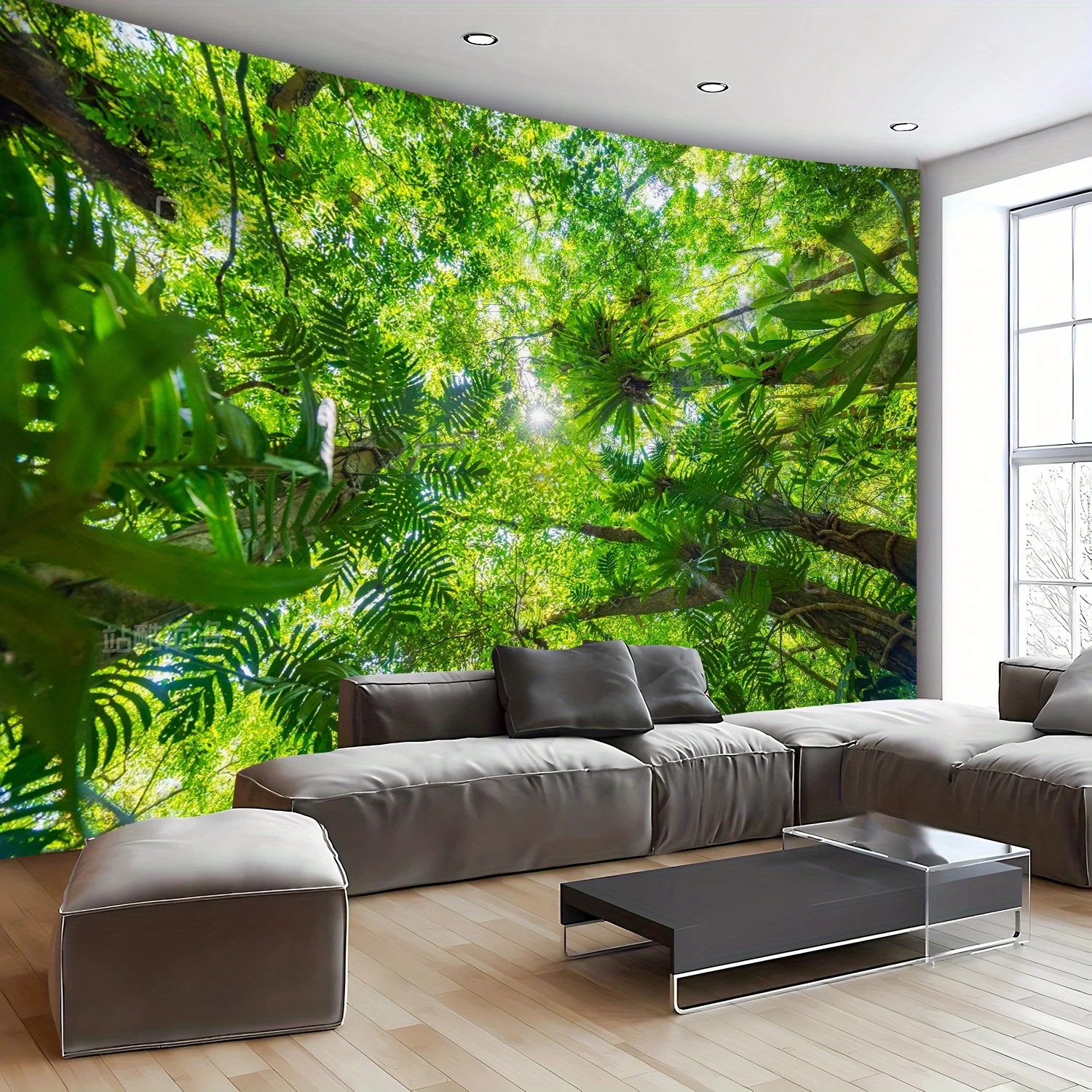 Jungle Canopy Tapestry Lush Green Tree Leaves Sunlight Through Forest Wall Hanging, Natural Rainforest Tapestry Bedroom Decor