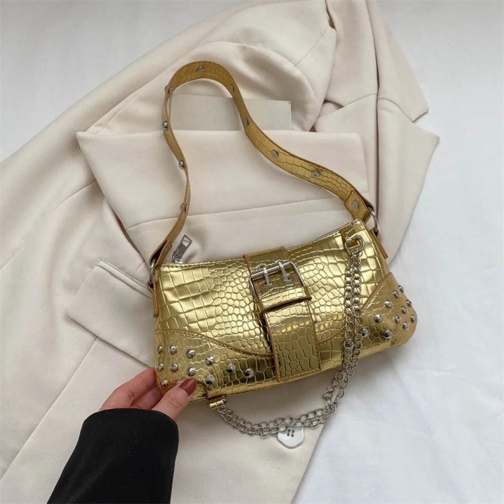 

Y2K Crocodile Underarm Bag Korean Style Large Capacity PU Rivet Chain Handbag Waterproof Solid Color Texture Shoulder Bag Travel