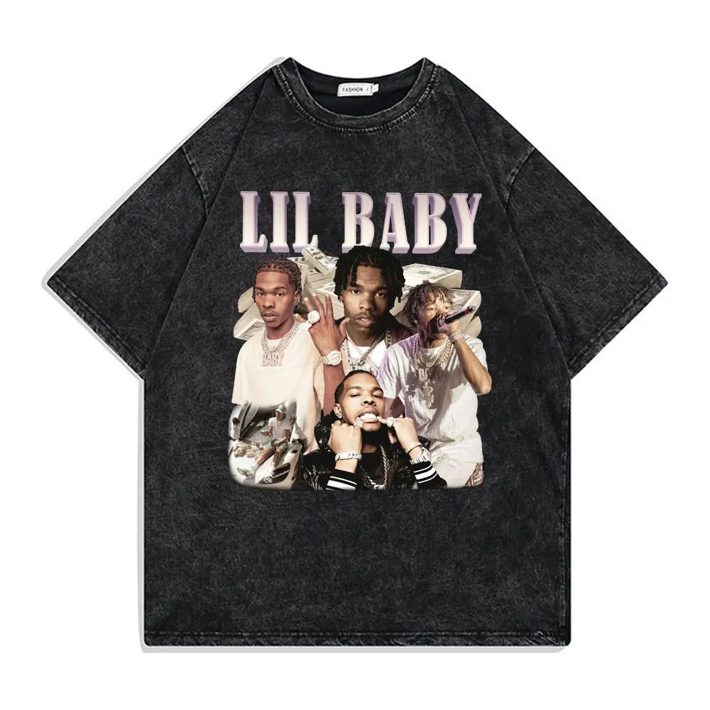 Hip Hop Rapper Wash Vintage Black Lil Baby T Shirt Men's Fashion
