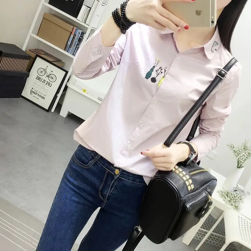 Fashion Printing Vase Cotton Single-breasted Blouse Women Classic Long Sleeve Polo Collar Casual Korean Lady Chiffon Shirt