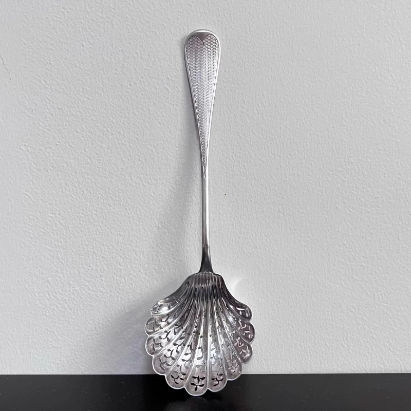 French 19th century pure twist colander tea leak, shell powdered sugar sprinkle, medieval vintage