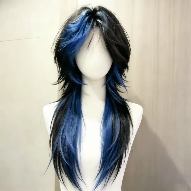 Women Long Wolf Cut Synthetic Full Wig Black with Blue Highlights Mullet Hairstyle Natural Realistic Hair  Daily Cosplay Party