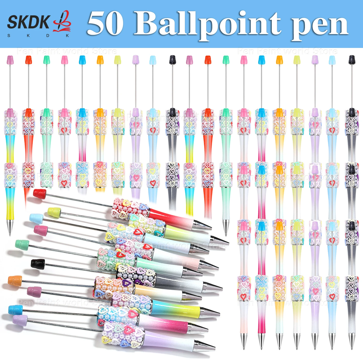 

50Pcs DIY Pearl & Heart‑Shaped Bead Ballpoint Pen – Decorative Bead Pen Gift for Students, Journals & Office