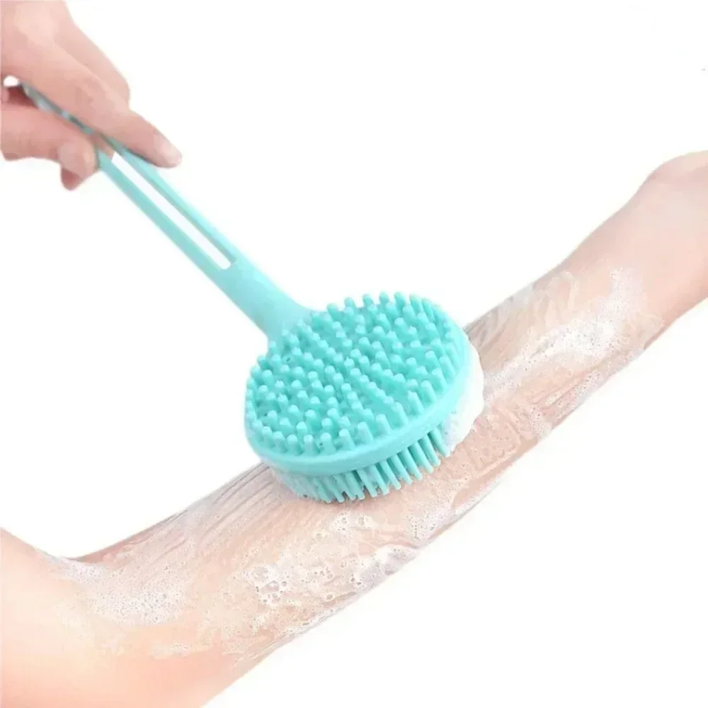 1Pc Silicone Long Handle Bath Brush Double-Sided Shower Exfoliating Brush Body Scrub Back Massage Brushes Bathroom Accessories