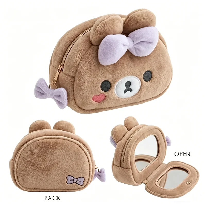 Rilakkumas Bär Kosmetiktasche mit Spiegel, Cartoon Korilakkuma Schleife, Plüsch-Aufbewahrungstasche, Organizer, Kawaii, süße Reise-Kosmetiktasche, Beutel – Detail 4
