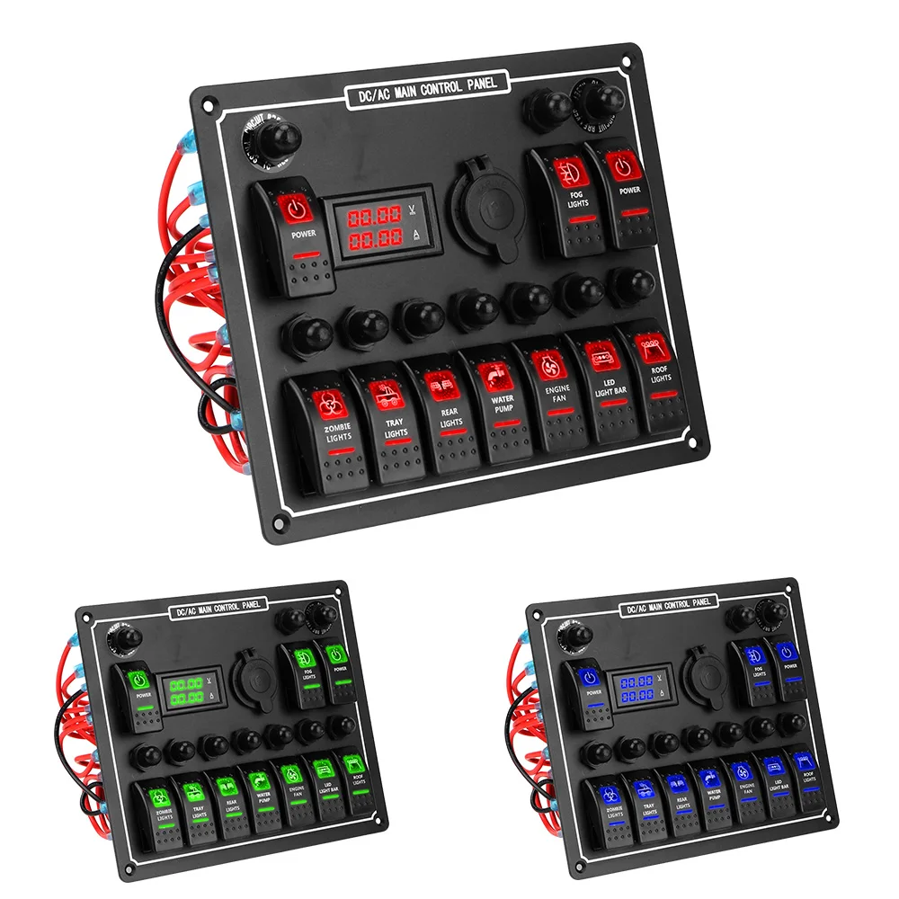 

Rocker Switch Panel Dual Power Control Overload Protection 10 Gang 15A DC Output Waterproof