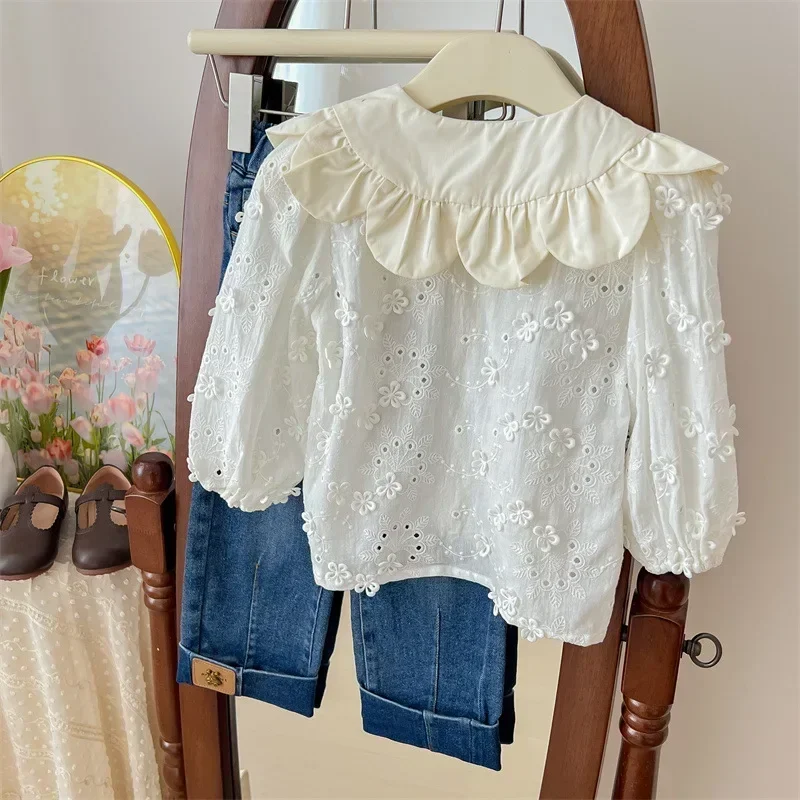 New Girl Doll Shirt Children Spring Clothes Korean Embroidered Shirt Foreign Style Baby Fashionable Top Korean Simple Style