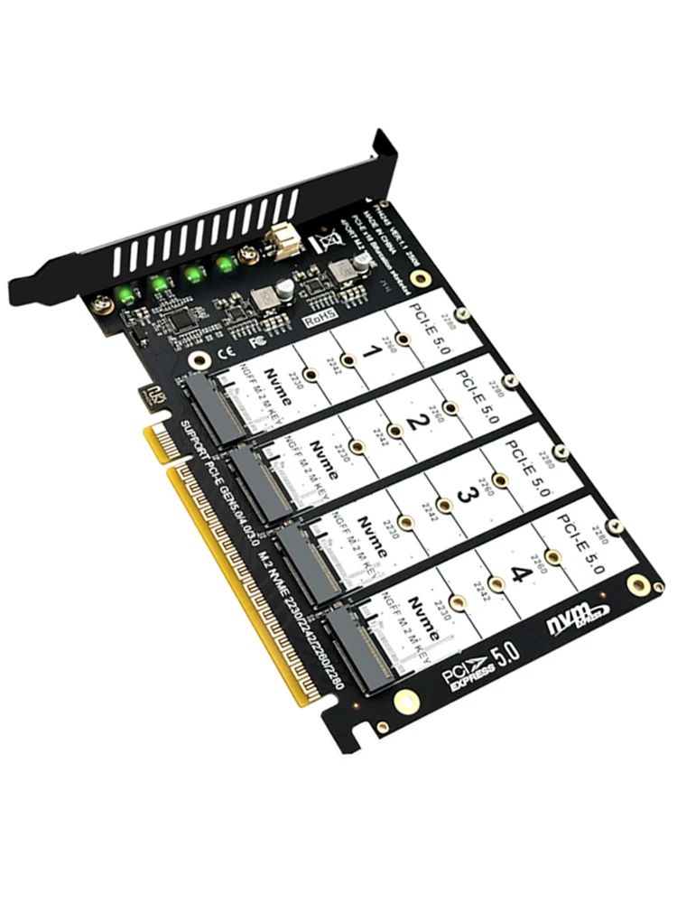 Karta rozdzielająca PCIE5.0 X16 na 4 porty NVME, karta rozszerzeń PCI-E GEN5 16X na 4 * 128Gbps Raid dla dysków SSD M.2 NVME 2230 2242 2260 2280 — zdjęcie produktu 7