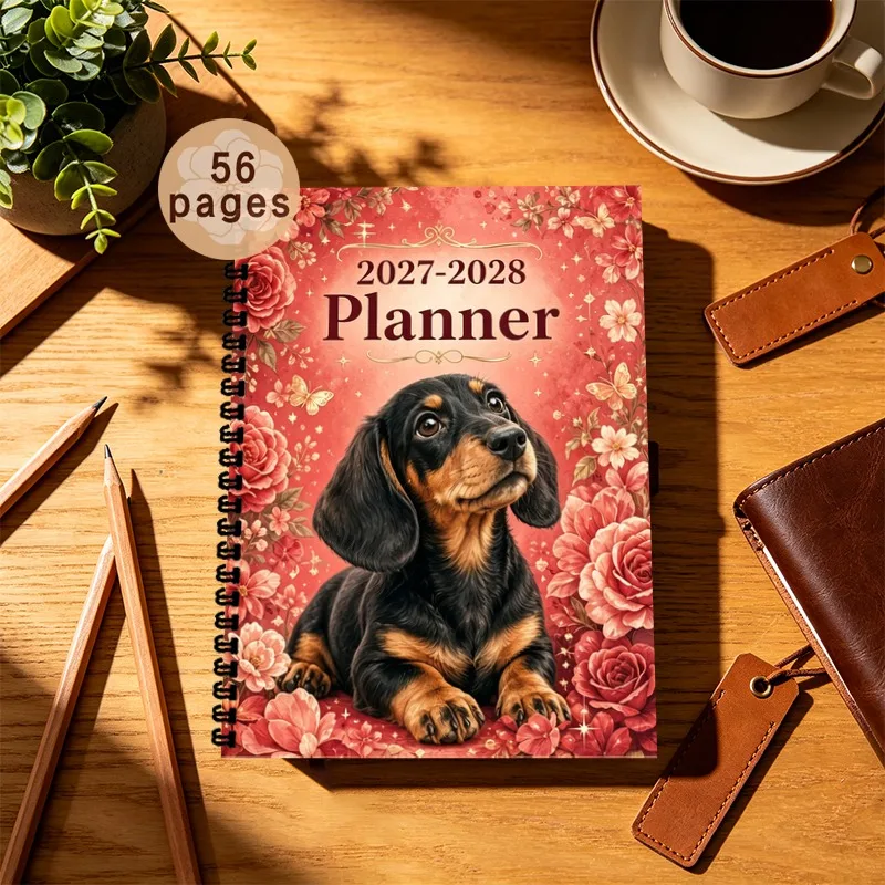 A5 Spiral Bound 2027-2028 Planner,Monthly Weekly Task Lists and Schedules,Cute Dachshund Pink Floral Pattern,Ideal Teacher Gifts
